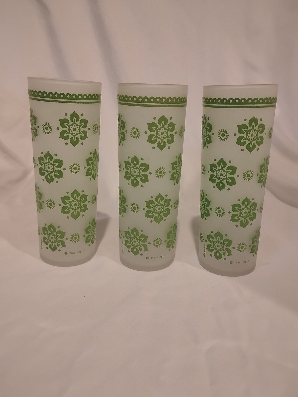 3 Vintage Frosted Green Floral Pattern Collins Washington Glass- Irene Pasinski